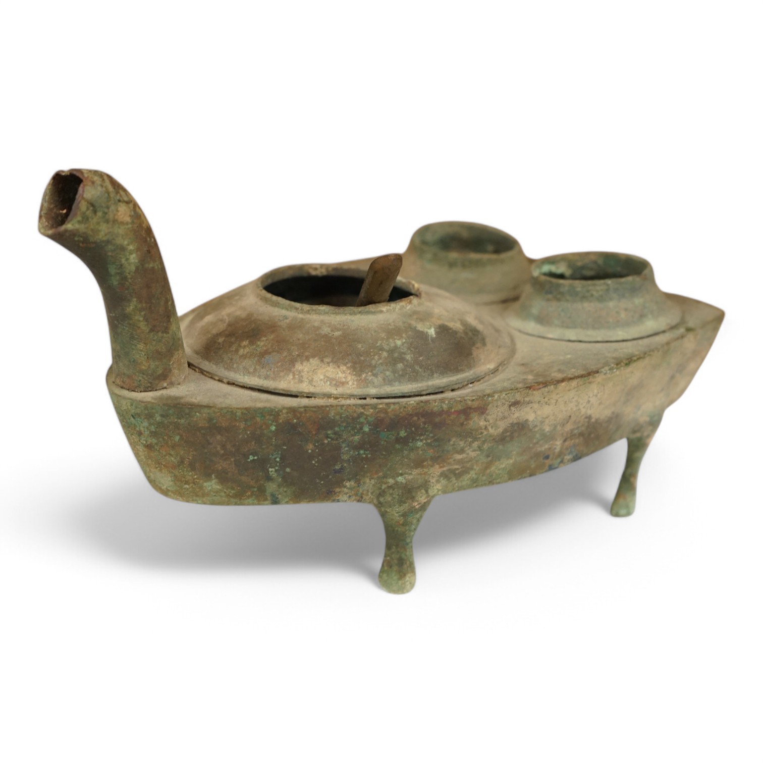 A Chinese Han Dynasty bronze brazier and vessels, width 22.5cm., Condition - spout has cracks to end